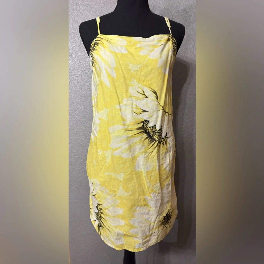 H&M Women’s Sz S Yellow Floral Linen Blend Side Zip Shift Dress Sundress